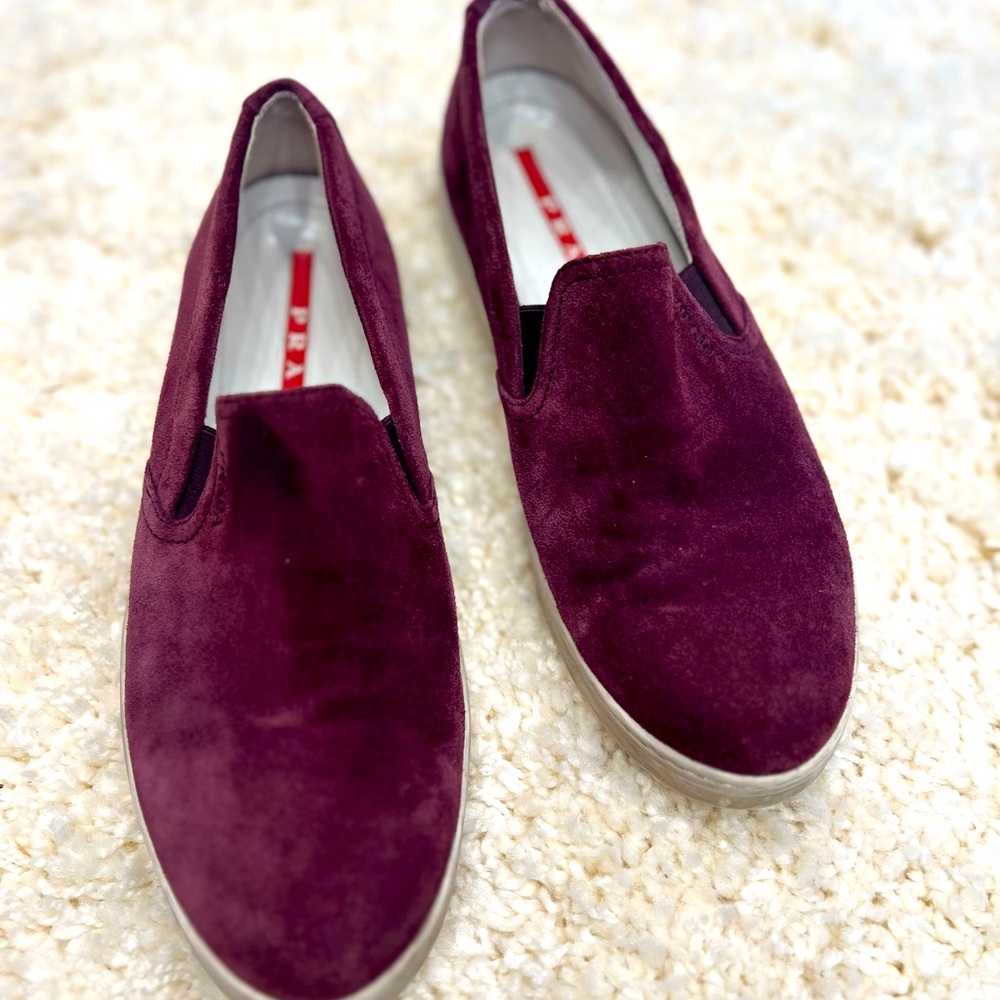 PRADA wine-cranberry slip on suede sneakers white sole